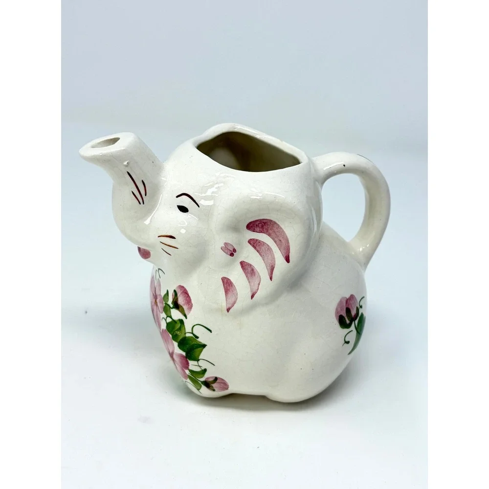 Cash Family Hand Painted Elephant Creamer Erwin Tennessee Pottery Pink Floral